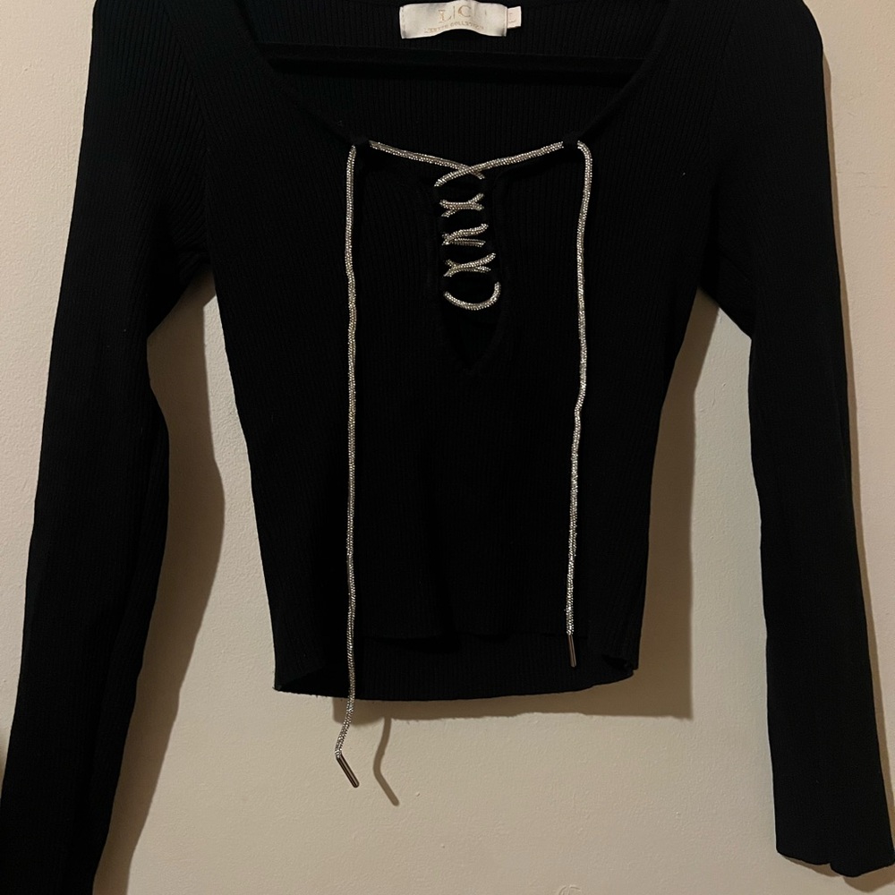 Black Lace-Up Ribbed Top